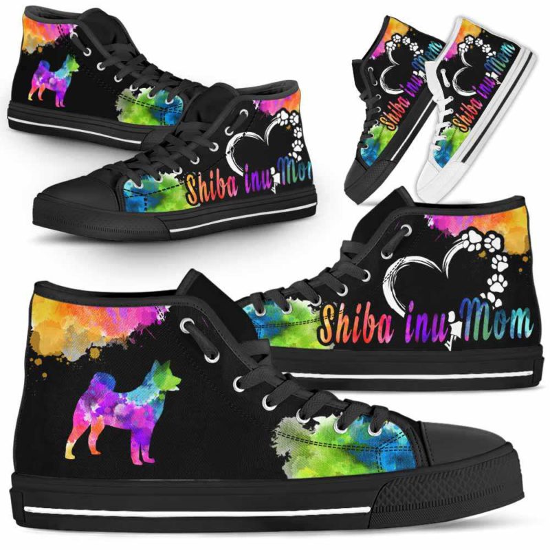 HTS-U-Dog-WatercolorDogMom-Shiba_inu-22@ Watercolor Dog Mom Shiba inu 22-Shiba Inu Mom Dog Lovers Watercolor High Top Shoes Gift Women. Dog Mom Colorful Custom Shoes.