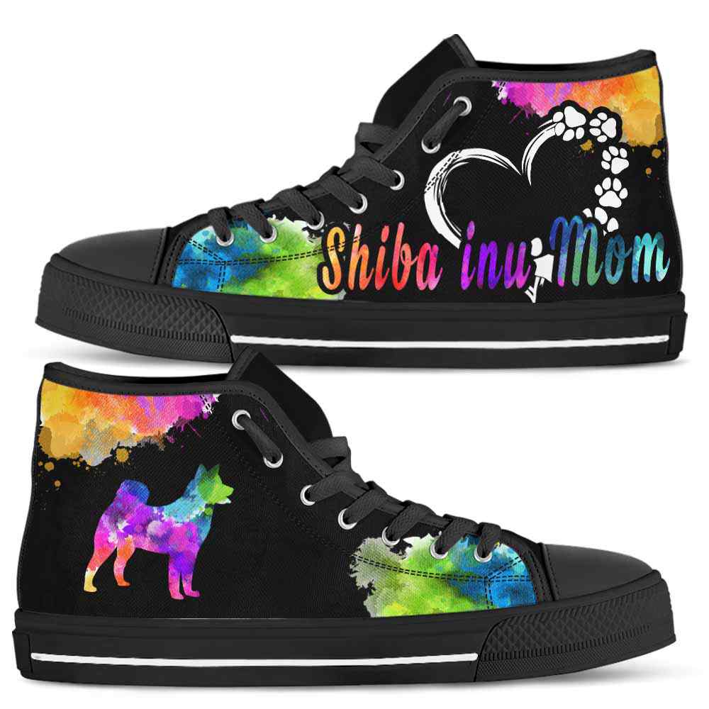 HTS-U-Dog-WatercolorDogMom-Shiba_inu-22@ Watercolor Dog Mom Shiba inu 22-Shiba Inu Mom Dog Lovers Watercolor High Top Shoes Gift Women. Dog Mom Colorful Custom Shoes.