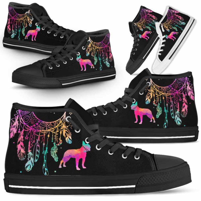 HTS-W-Dog-ColorfulDreamcatcher-Boston_Terrier-3@ Colorful Dreamcatcher Boston Terrier 3-Boston Terrier Dog Lovers High Top Shoes Gift Men Women. Colorful Dreamcatcher Custom Shoes.