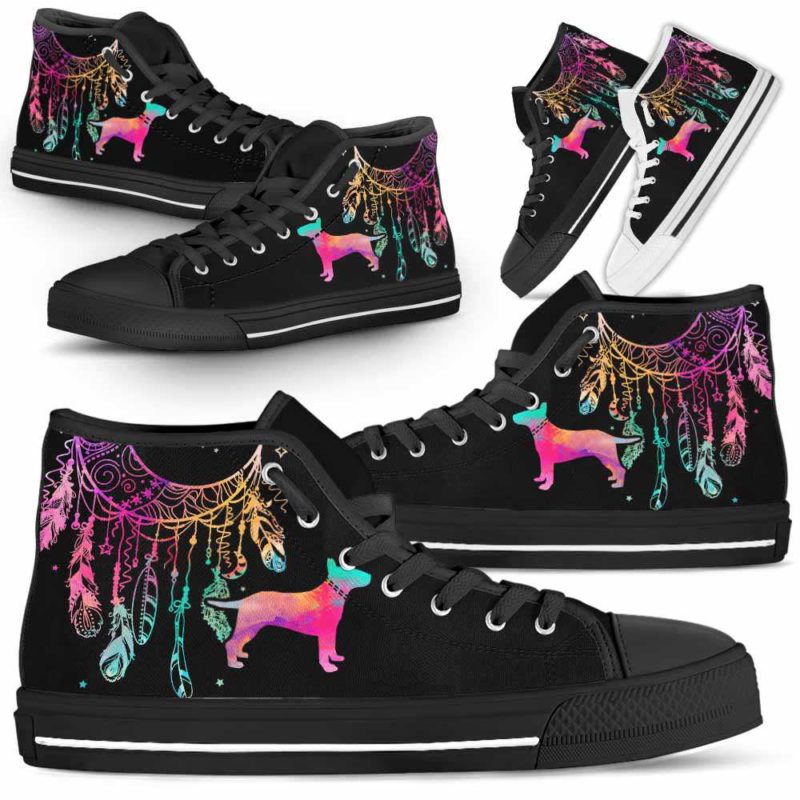 HTS-W-Dog-ColorfulDreamcatcher-Bull_Terrier-5@ Colorful Dreamcatcher Bull Terrier 5-Bull Terrier Dog Lovers High Top Shoes Gift Men Women. Colorful Dreamcatcher Custom Shoes.