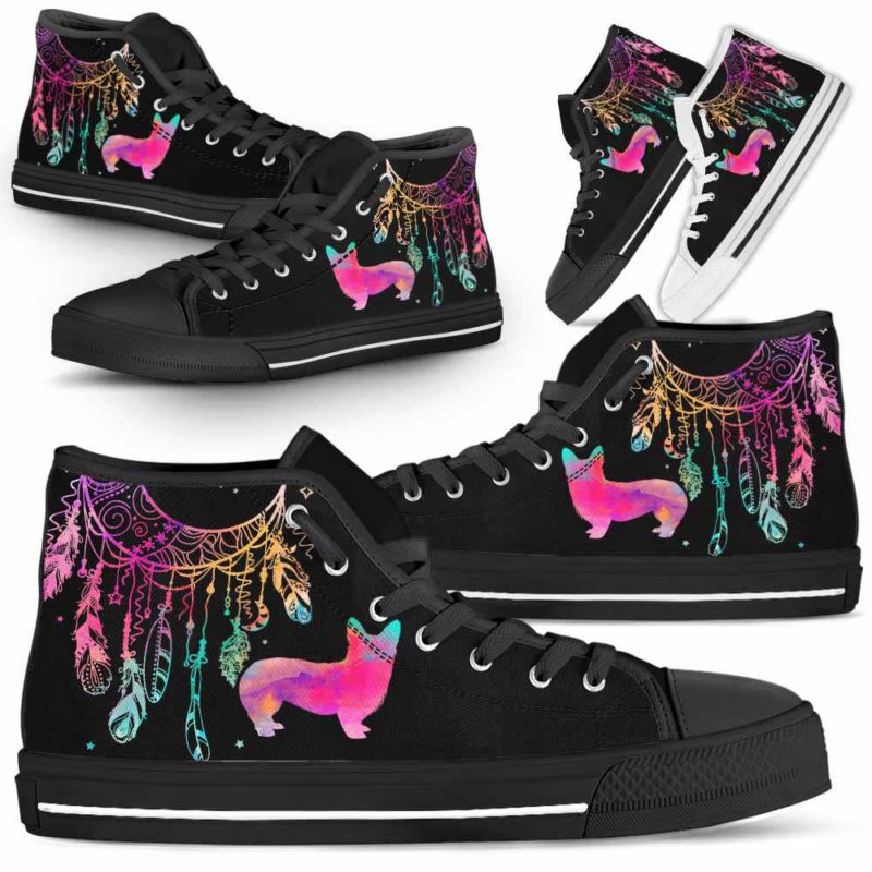 HTS-W-Dog-ColorfulDreamcatcher-Corgi-8@ Colorful Dreamcatcher Corgi 8-Corgi Dog Lovers High Top Shoes Gift Men Women. Colorful Dreamcatcher Custom Shoes.