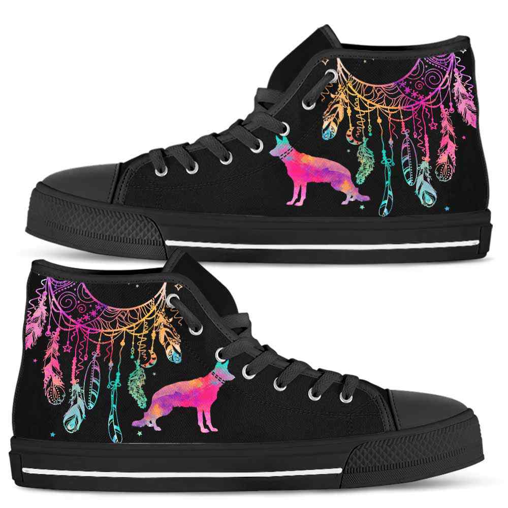 HTS-W-Dog-ColorfulDreamcatcher-German_Shepherd-12@ Colorful Dreamcatcher German Shepherd 12-German Shepherd Dog Lovers High Top Shoes Gift Men Women. Colorful Dreamcatcher Custom Shoes.