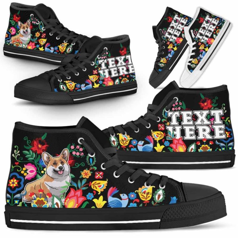 HTS-W-Dog-Embroidery11-Corgi-18@undefined-Corgi Dog Lovers Canvas Shoes Colorful Flower Floral High Top Shoes Gift Men Women. Dog Mom Dog Dad Custom Shoes.