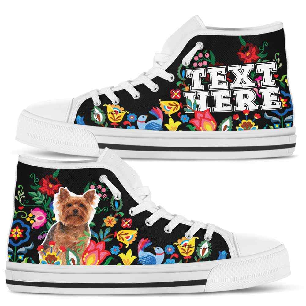 HTS-W-Dog-Embroidery11-Yorkie-64@undefined-Yorkie Dog Lovers Canvas Shoes Colorful Flower Floral High Top Shoes Gift Men Women. Dog Mom Dog Dad Custom Shoes. Yorkshire Terrier