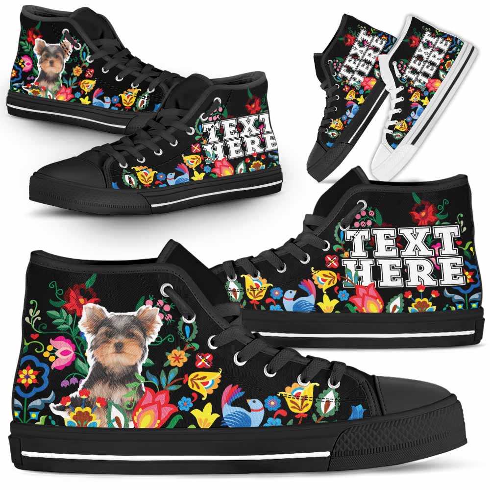 HTS-W-Dog-Embroidery11-Yorkie-66@undefined-Yorkie Dog Lovers Canvas Shoes Colorful Flower Floral High Top Shoes Gift Men Women. Dog Mom Dog Dad Custom Shoes. Yorkshire Terrier