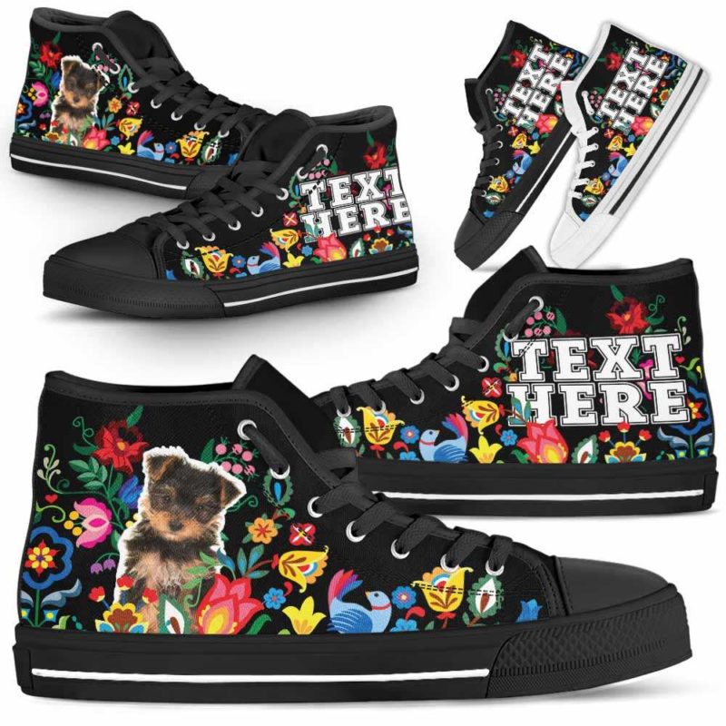 HTS-W-Dog-Embroidery11-Yorkie-68@undefined-Yorkie Dog Lovers Canvas Shoes Colorful Flower Floral High Top Shoes Gift Men Women. Dog Mom Dog Dad Custom Shoes. Yorkshire Terrier