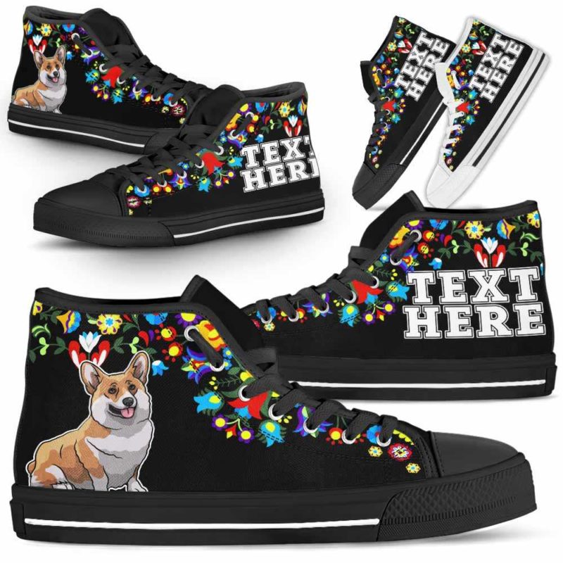 HTS-W-Dog-Embroidery12-Corgi-18@undefined-Corgi Dog Lovers Canvas Shoes Colorful Floral Flower High Top Shoes Gift Men Women. Dog Mom Dog Dad Custom Shoes.