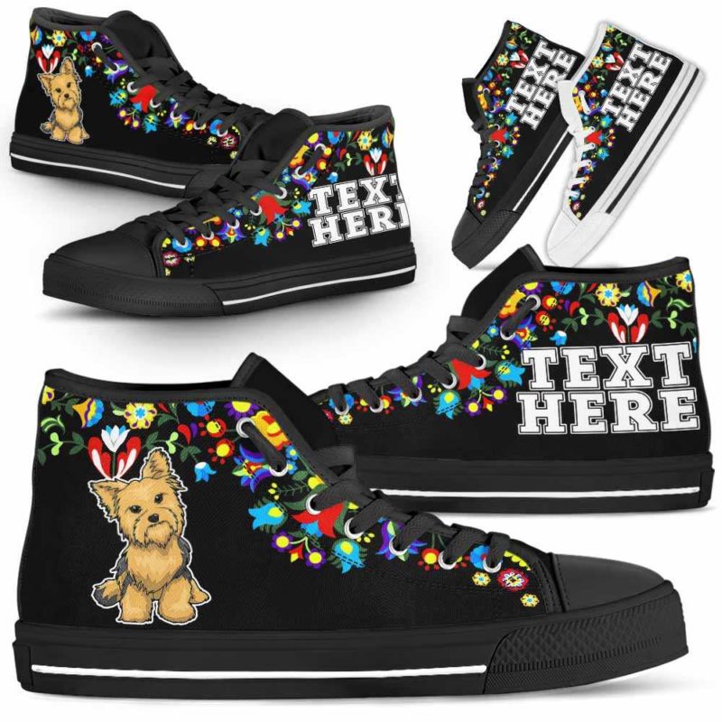 HTS-W-Dog-Embroidery12-Yorkie-63@undefined-Yorkie Dog Lovers Canvas Shoes Colorful Floral Flower High Top Shoes Gift Men Women. Dog Mom Dog Dad Custom Shoes. Yorkshire Terrier
