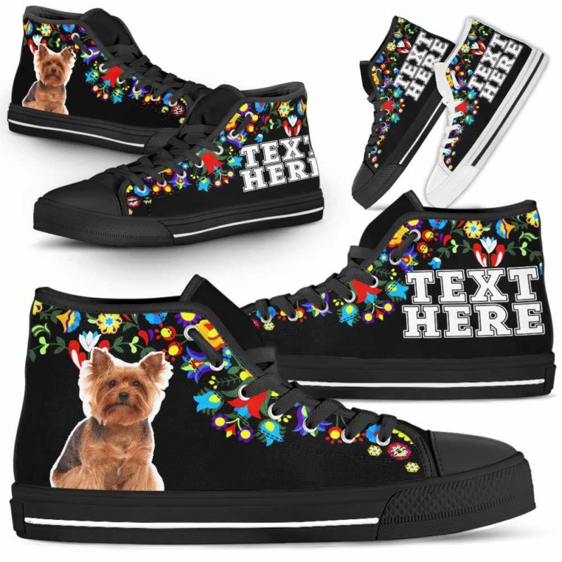 HTS-W-Dog-Embroidery12-Yorkie-64@undefined-Yorkie Dog Lovers Canvas Shoes Colorful Floral Flower High Top Shoes Gift Men Women. Dog Mom Dog Dad Custom Shoes. Yorkshire Terrier