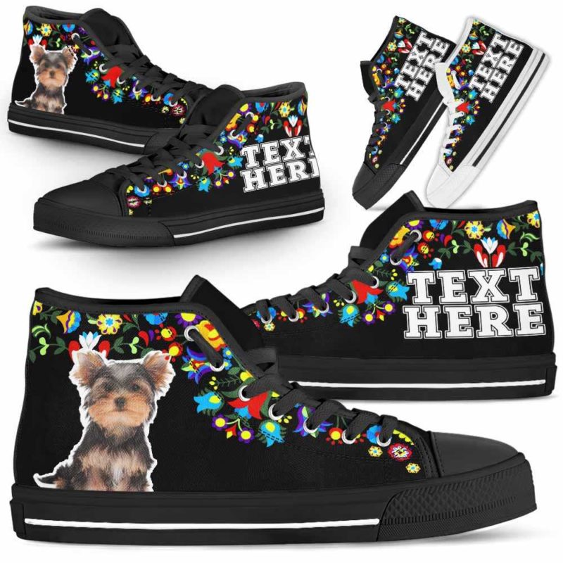 HTS-W-Dog-Embroidery12-Yorkie-66@undefined-Yorkie Dog Lovers Canvas Shoes Colorful Floral Flower High Top Shoes Gift Men Women. Dog Mom Dog Dad Custom Shoes. Yorkshire Terrier
