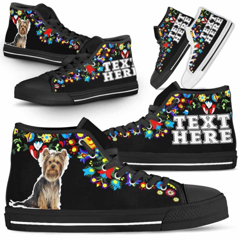 HTS-W-Dog-Embroidery12-Yorkie-67@undefined-Yorkie Dog Lovers Canvas Shoes Colorful Floral Flower High Top Shoes Gift Men Women. Dog Mom Dog Dad Custom Shoes. Yorkshire Terrier