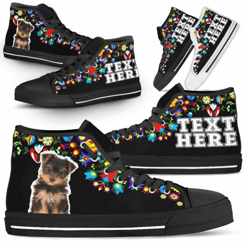 HTS-W-Dog-Embroidery12-Yorkie-68@undefined-Yorkie Dog Lovers Canvas Shoes Colorful Floral Flower High Top Shoes Gift Men Women. Dog Mom Dog Dad Custom Shoes. Yorkshire Terrier