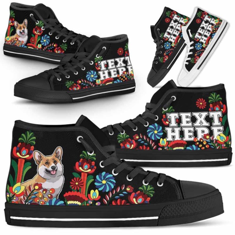 HTS-W-Dog-Embroidery13-Corgi-18@undefined-Corgi Dog Lovers Floral Canvas Shoes Colorful Flower High Top Shoes Gift Men Women. Dog Mom Dog Dad Custom Shoes.