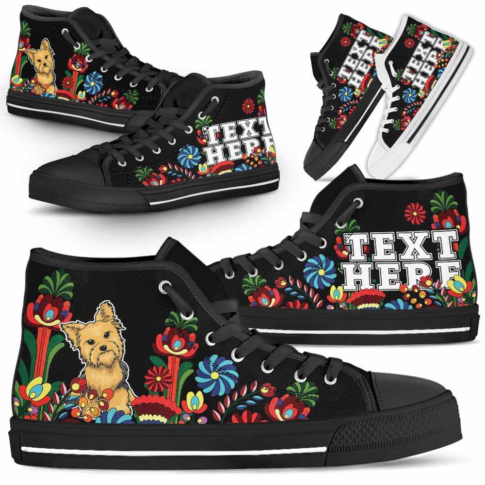 HTS-W-Dog-Embroidery13-Yorkie-63@undefined-Yorkie Dog Lovers Floral Canvas Shoes Colorful Flower High Top Shoes Gift Men Women. Dog Mom Dog Dad Custom Shoes. Yorkshire Terrier
