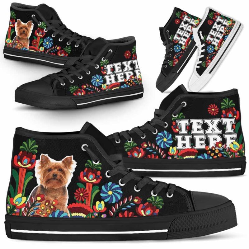 HTS-W-Dog-Embroidery13-Yorkie-64@undefined-Yorkie Dog Lovers Floral Canvas Shoes Colorful Flower High Top Shoes Gift Men Women. Dog Mom Dog Dad Custom Shoes. Yorkshire Terrier
