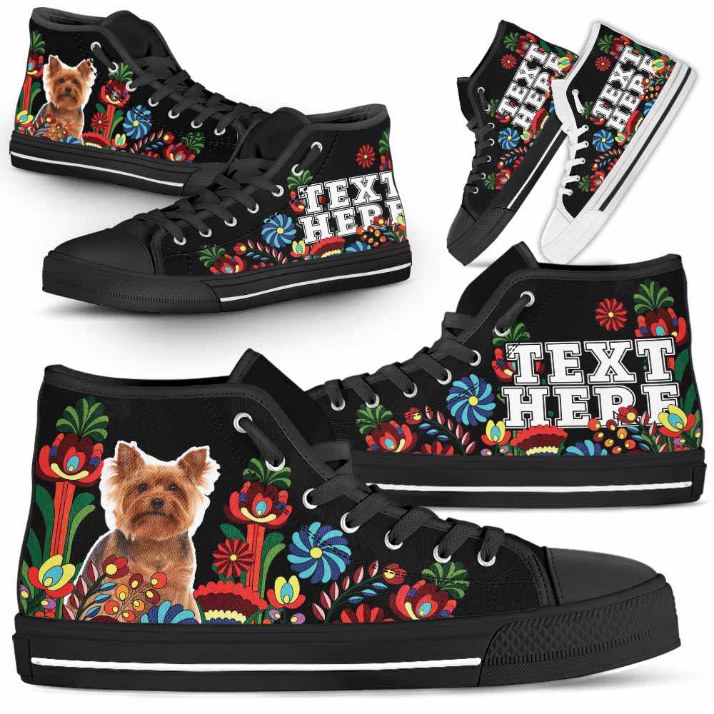 HTS-W-Dog-Embroidery13-Yorkie-64@undefined-Yorkie Dog Lovers Floral Canvas Shoes Colorful Flower High Top Shoes Gift Men Women. Dog Mom Dog Dad Custom Shoes. Yorkshire Terrier