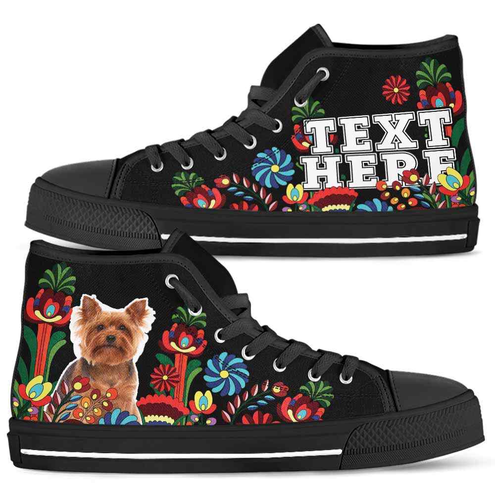 HTS-W-Dog-Embroidery13-Yorkie-64@undefined-Yorkie Dog Lovers Floral Canvas Shoes Colorful Flower High Top Shoes Gift Men Women. Dog Mom Dog Dad Custom Shoes. Yorkshire Terrier