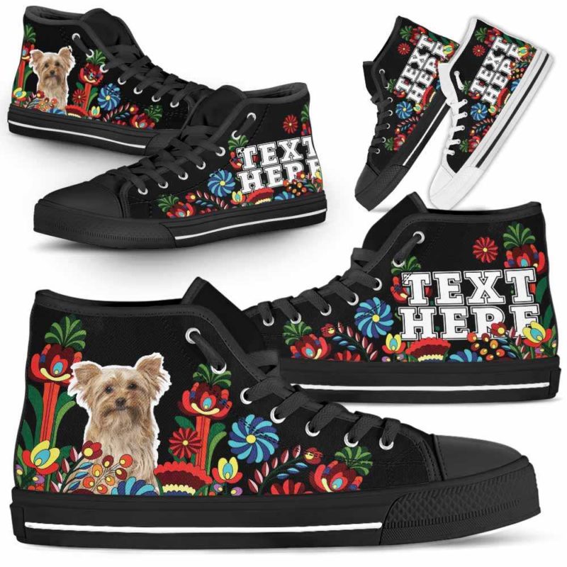 HTS-W-Dog-Embroidery13-Yorkie-65@undefined-Yorkie Dog Lovers Floral Canvas Shoes Colorful Flower High Top Shoes Gift Men Women. Dog Mom Dog Dad Custom Shoes. Yorkshire Terrier