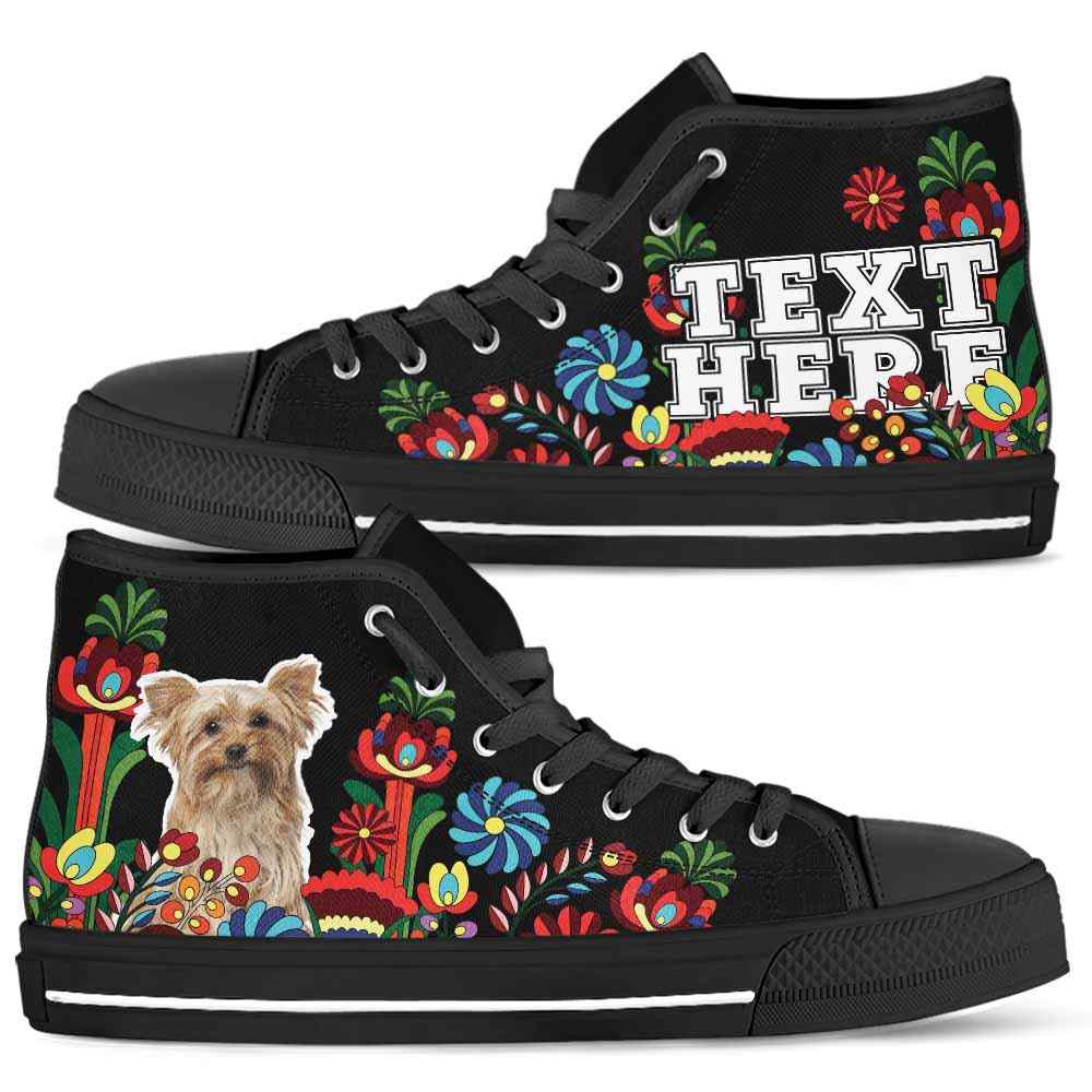 HTS-W-Dog-Embroidery13-Yorkie-65@undefined-Yorkie Dog Lovers Floral Canvas Shoes Colorful Flower High Top Shoes Gift Men Women. Dog Mom Dog Dad Custom Shoes. Yorkshire Terrier