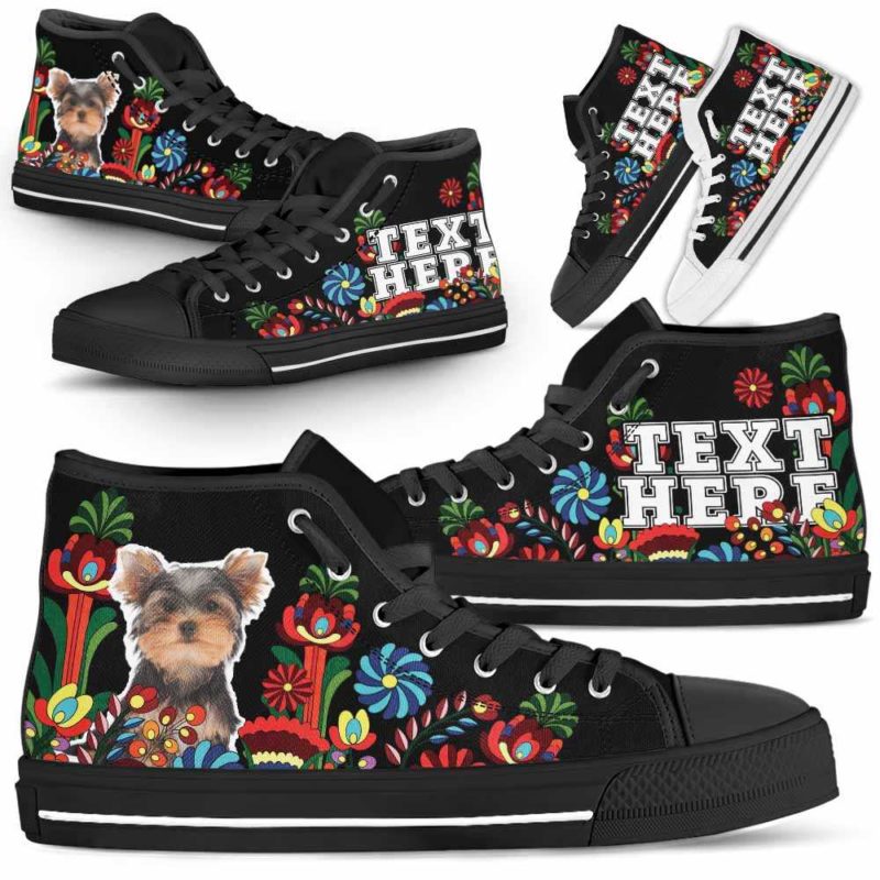 HTS-W-Dog-Embroidery13-Yorkie-66@undefined-Yorkie Dog Lovers Floral Canvas Shoes Colorful Flower High Top Shoes Gift Men Women. Dog Mom Dog Dad Custom Shoes. Yorkshire Terrier