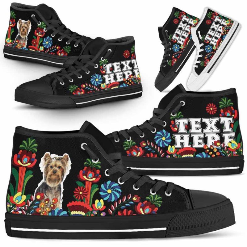HTS-W-Dog-Embroidery13-Yorkie-67@undefined-Yorkie Dog Lovers Floral Canvas Shoes Colorful Flower High Top Shoes Gift Men Women. Dog Mom Dog Dad Custom Shoes. Yorkshire Terrier