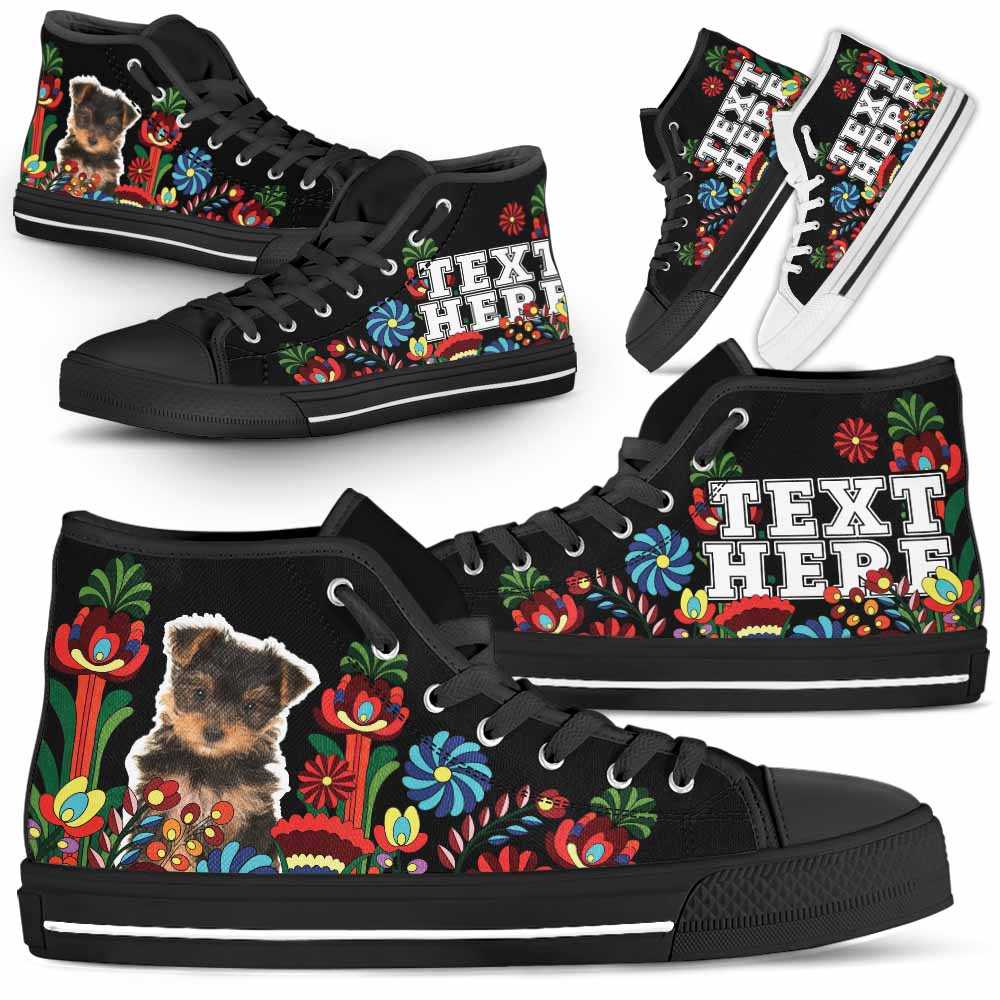 HTS-W-Dog-Embroidery13-Yorkie-68@undefined-Yorkie Dog Lovers Floral Canvas Shoes Colorful Flower High Top Shoes Gift Men Women. Dog Mom Dog Dad Custom Shoes. Yorkshire Terrier