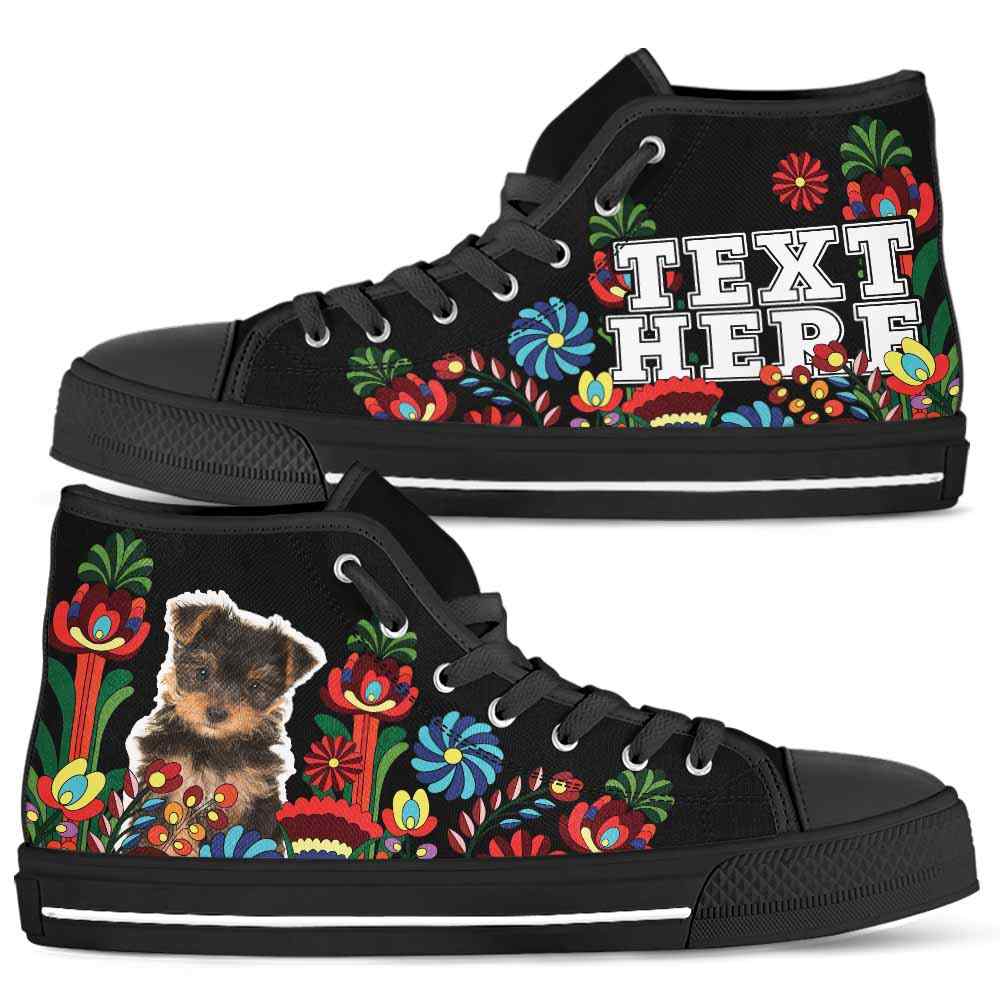 HTS-W-Dog-Embroidery13-Yorkie-68@undefined-Yorkie Dog Lovers Floral Canvas Shoes Colorful Flower High Top Shoes Gift Men Women. Dog Mom Dog Dad Custom Shoes. Yorkshire Terrier