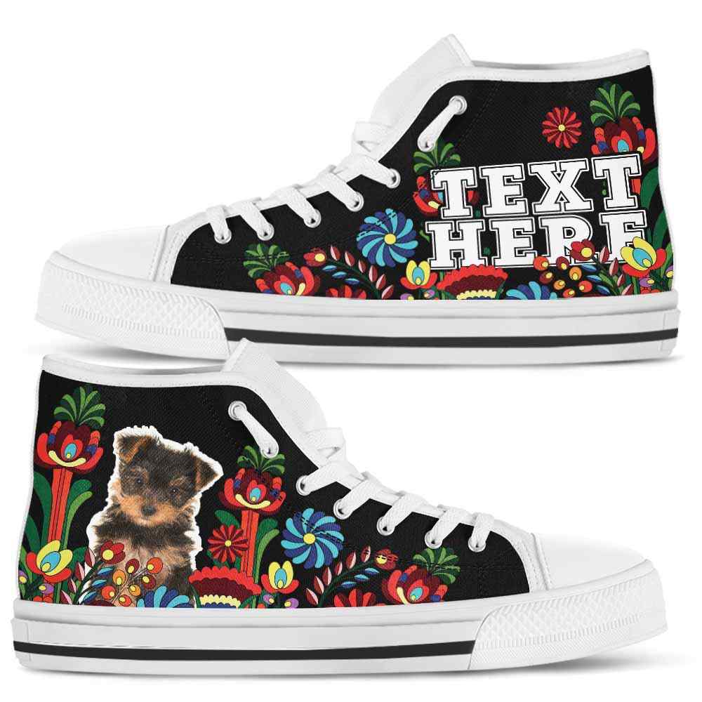 HTS-W-Dog-Embroidery13-Yorkie-68@undefined-Yorkie Dog Lovers Floral Canvas Shoes Colorful Flower High Top Shoes Gift Men Women. Dog Mom Dog Dad Custom Shoes. Yorkshire Terrier