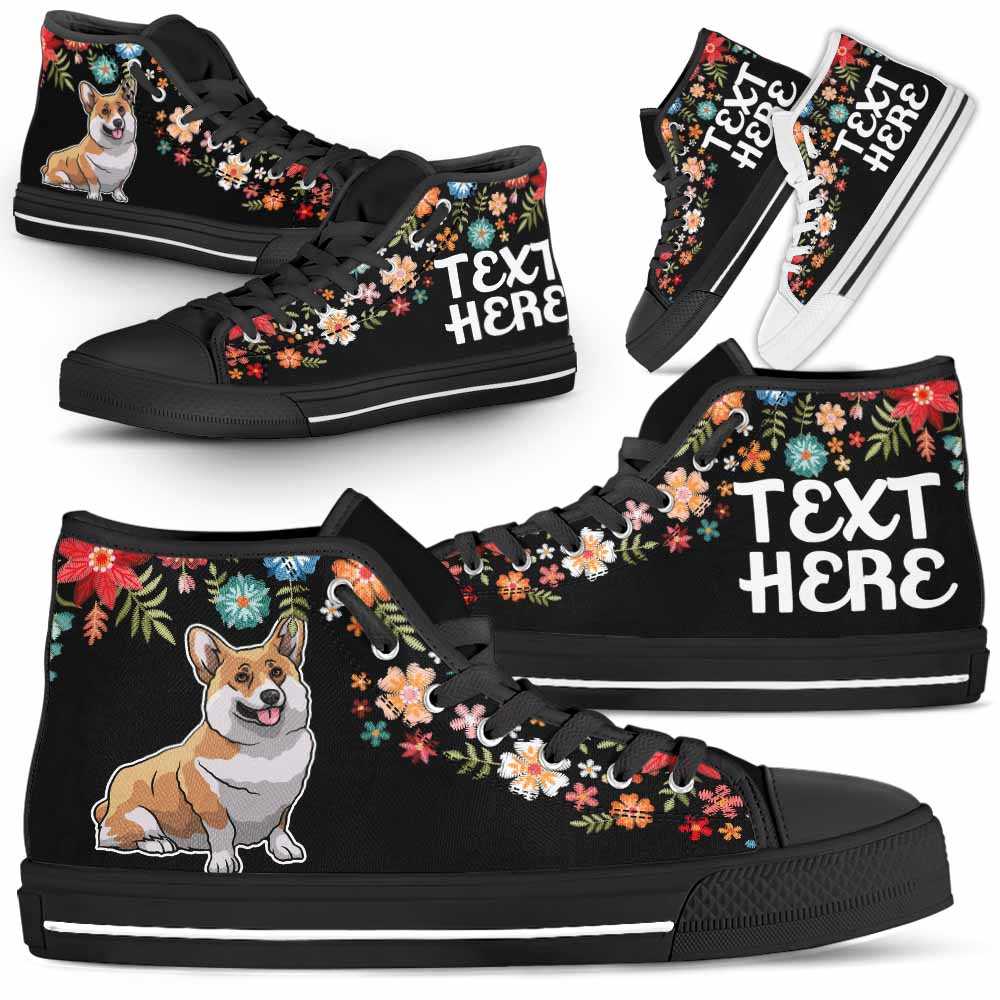 HTS-W-Dog-Embroidery8-Corgi-18@undefined-Corgi Colorful Floral Flower Dog Lovers Canvas Shoes High Top Shoes Gift Men Women. Dog Mom Dog Dad Custom Shoes.