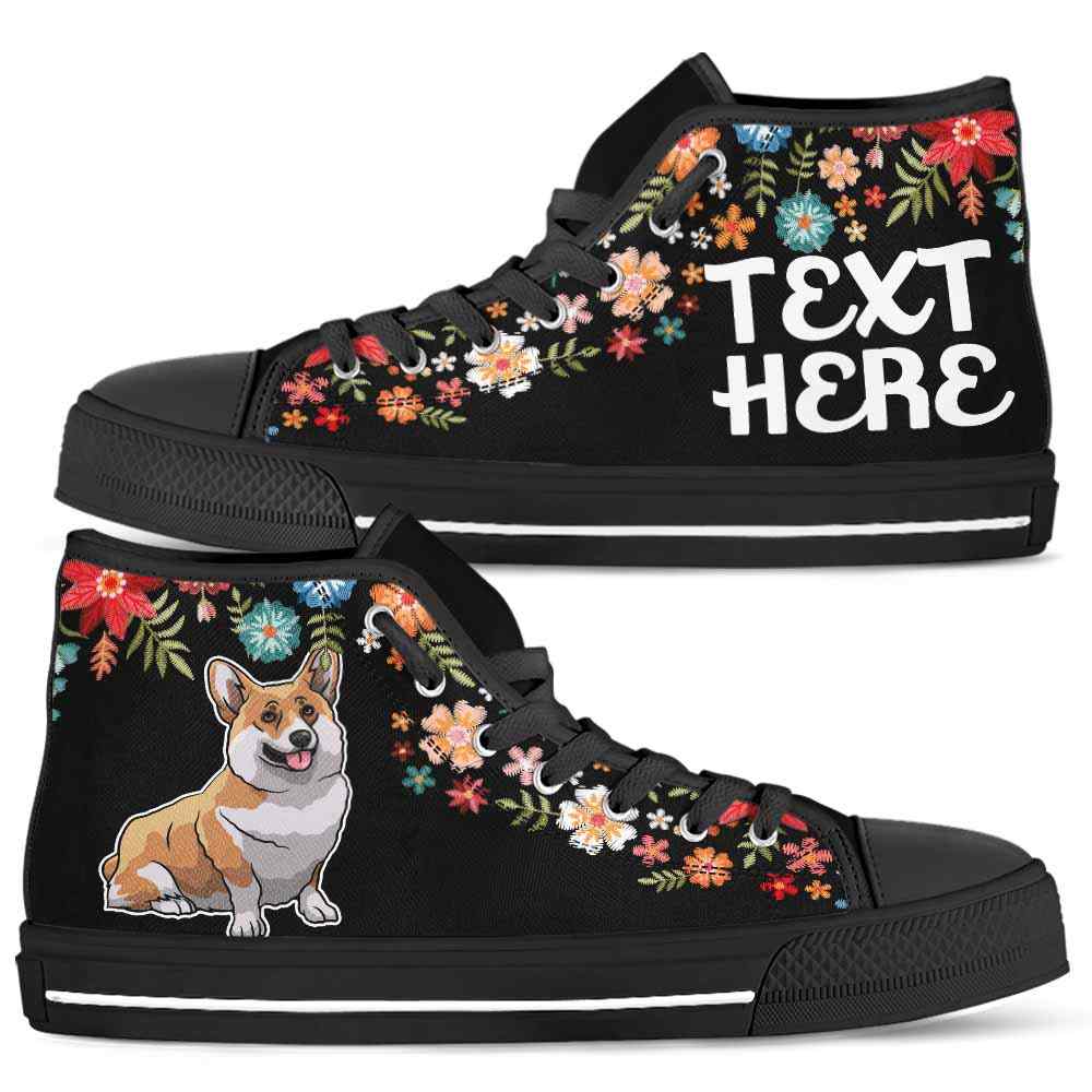 HTS-W-Dog-Embroidery8-Corgi-18@undefined-Corgi Colorful Floral Flower Dog Lovers Canvas Shoes High Top Shoes Gift Men Women. Dog Mom Dog Dad Custom Shoes.