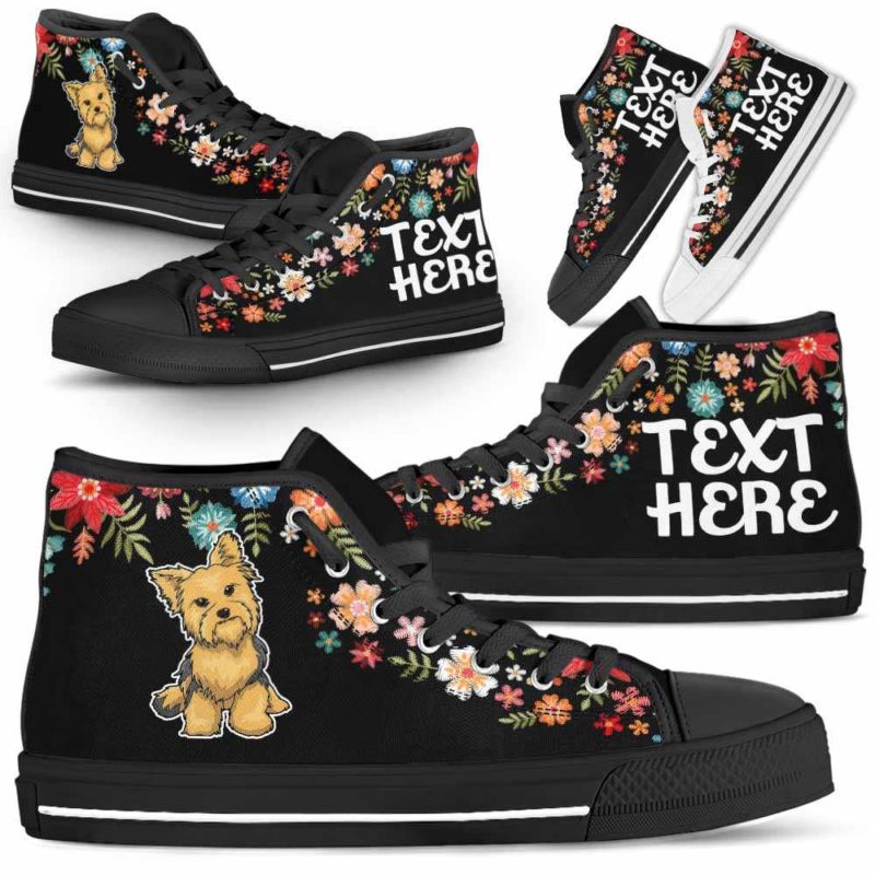 HTS-W-Dog-Embroidery8-Yorkie-63@undefined-Yorkie Colorful Floral Flower Dog Lovers Canvas Shoes High Top Shoes Gift Men Women. Dog Mom Dog Dad Custom Shoes. Yorkshire Terrier