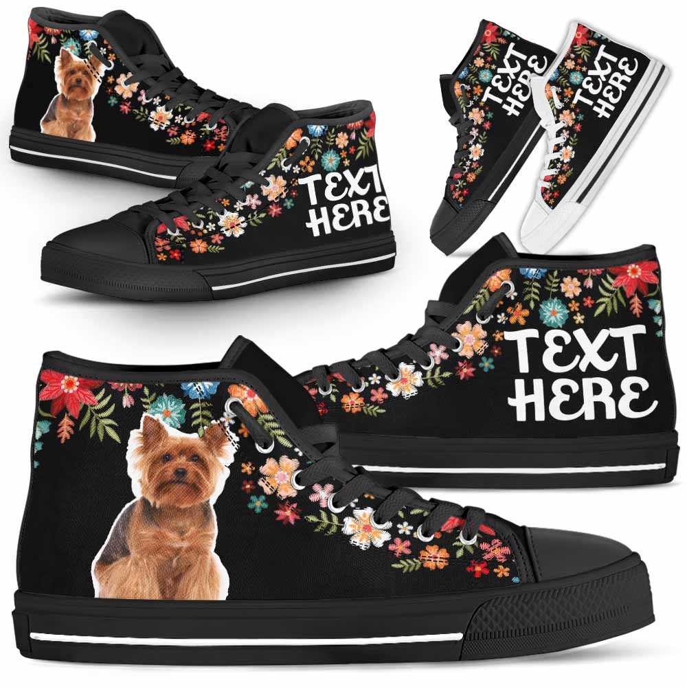 HTS-W-Dog-Embroidery8-Yorkie-64@undefined-Yorkie Colorful Floral Flower Dog Lovers Canvas Shoes High Top Shoes Gift Men Women. Dog Mom Dog Dad Custom Shoes. Yorkshire Terrier