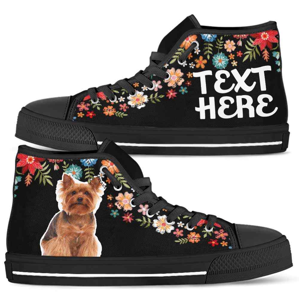 HTS-W-Dog-Embroidery8-Yorkie-64@undefined-Yorkie Colorful Floral Flower Dog Lovers Canvas Shoes High Top Shoes Gift Men Women. Dog Mom Dog Dad Custom Shoes. Yorkshire Terrier