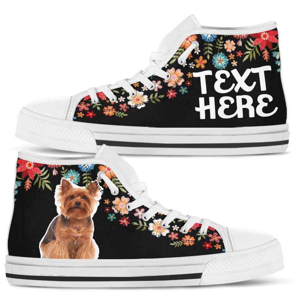 HTS-W-Dog-Embroidery8-Yorkie-64@undefined-Yorkie Colorful Floral Flower Dog Lovers Canvas Shoes High Top Shoes Gift Men Women. Dog Mom Dog Dad Custom Shoes. Yorkshire Terrier