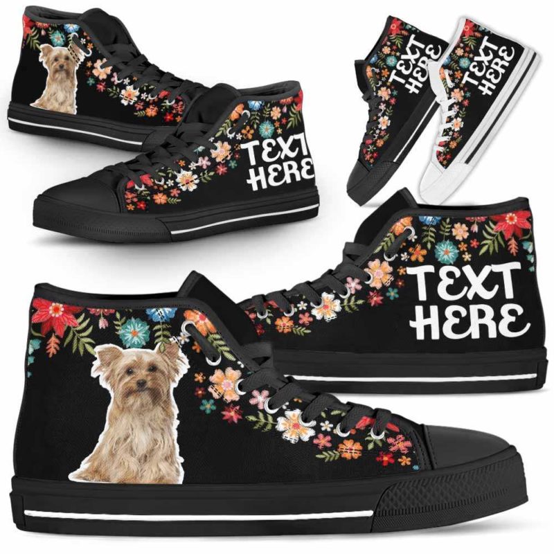 HTS-W-Dog-Embroidery8-Yorkie-65@undefined-Yorkie Colorful Floral Flower Dog Lovers Canvas Shoes High Top Shoes Gift Men Women. Dog Mom Dog Dad Custom Shoes. Yorkshire Terrier