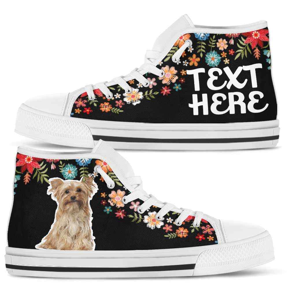HTS-W-Dog-Embroidery8-Yorkie-65@undefined-Yorkie Colorful Floral Flower Dog Lovers Canvas Shoes High Top Shoes Gift Men Women. Dog Mom Dog Dad Custom Shoes. Yorkshire Terrier