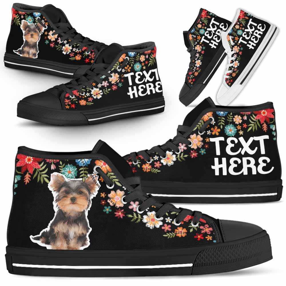HTS-W-Dog-Embroidery8-Yorkie-66@undefined-Yorkie Colorful Floral Flower Dog Lovers Canvas Shoes High Top Shoes Gift Men Women. Dog Mom Dog Dad Custom Shoes. Yorkshire Terrier