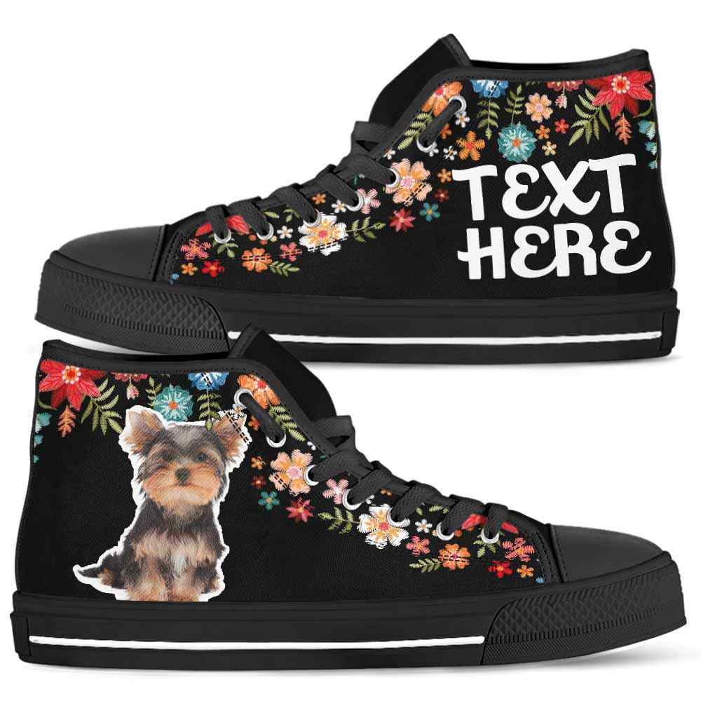 HTS-W-Dog-Embroidery8-Yorkie-66@undefined-Yorkie Colorful Floral Flower Dog Lovers Canvas Shoes High Top Shoes Gift Men Women. Dog Mom Dog Dad Custom Shoes. Yorkshire Terrier