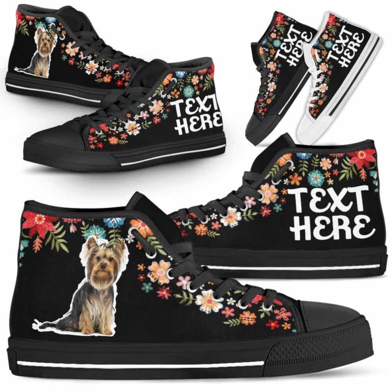 HTS-W-Dog-Embroidery8-Yorkie-67@undefined-Yorkie Colorful Floral Flower Dog Lovers Canvas Shoes High Top Shoes Gift Men Women. Dog Mom Dog Dad Custom Shoes. Yorkshire Terrier