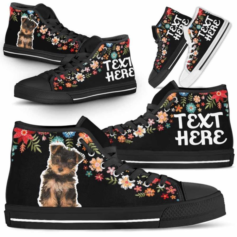 HTS-W-Dog-Embroidery8-Yorkie-68@undefined-Yorkie Colorful Floral Flower Dog Lovers Canvas Shoes High Top Shoes Gift Men Women. Dog Mom Dog Dad Custom Shoes. Yorkshire Terrier