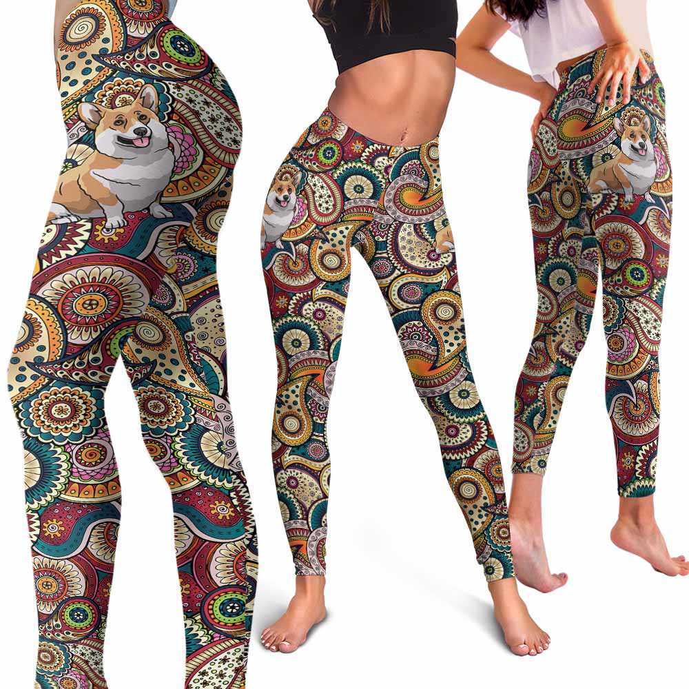 LEGG-W-Dog-RedMandalaBG-Corgi-18-Corgi Dog Lovers Colorful Mandala Yoga Gym Workout Women Leggings. Dog Mom Dog Dad Dog Owner Gift Custom Leggings.