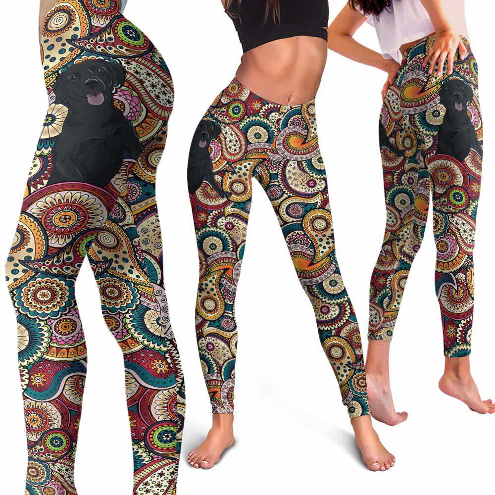 LEGG-W-Dog-RedMandalaBG-Lab-38-Lab Dog Lovers Colorful Mandala Yoga Gym Workout Women Leggings. Dog Mom Dog Dad Dog Owner Gift Custom Leggings. Labrador Retriever