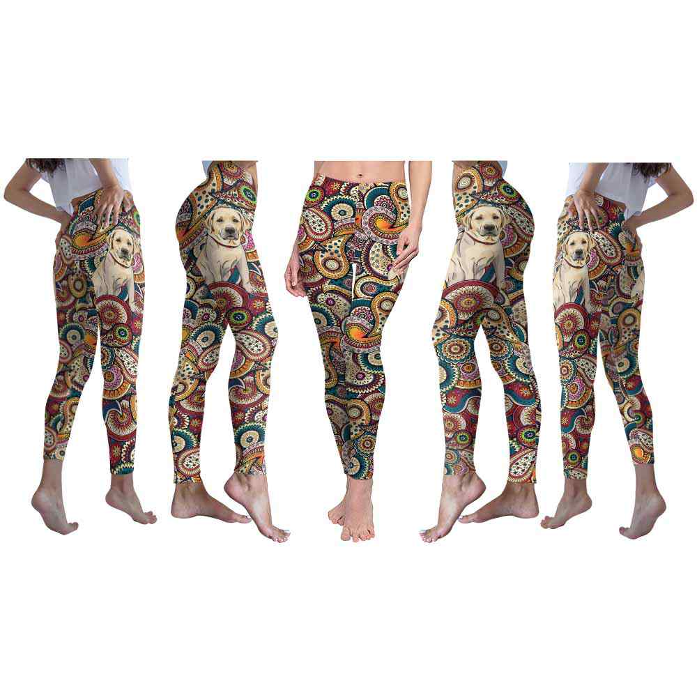 LEGG-W-Dog-RedMandalaBG-Lab-39-Lab Dog Lovers Colorful Mandala Yoga Gym Workout Women Leggings. Dog Mom Dog Dad Dog Owner Gift Custom Leggings. Labrador Retriever
