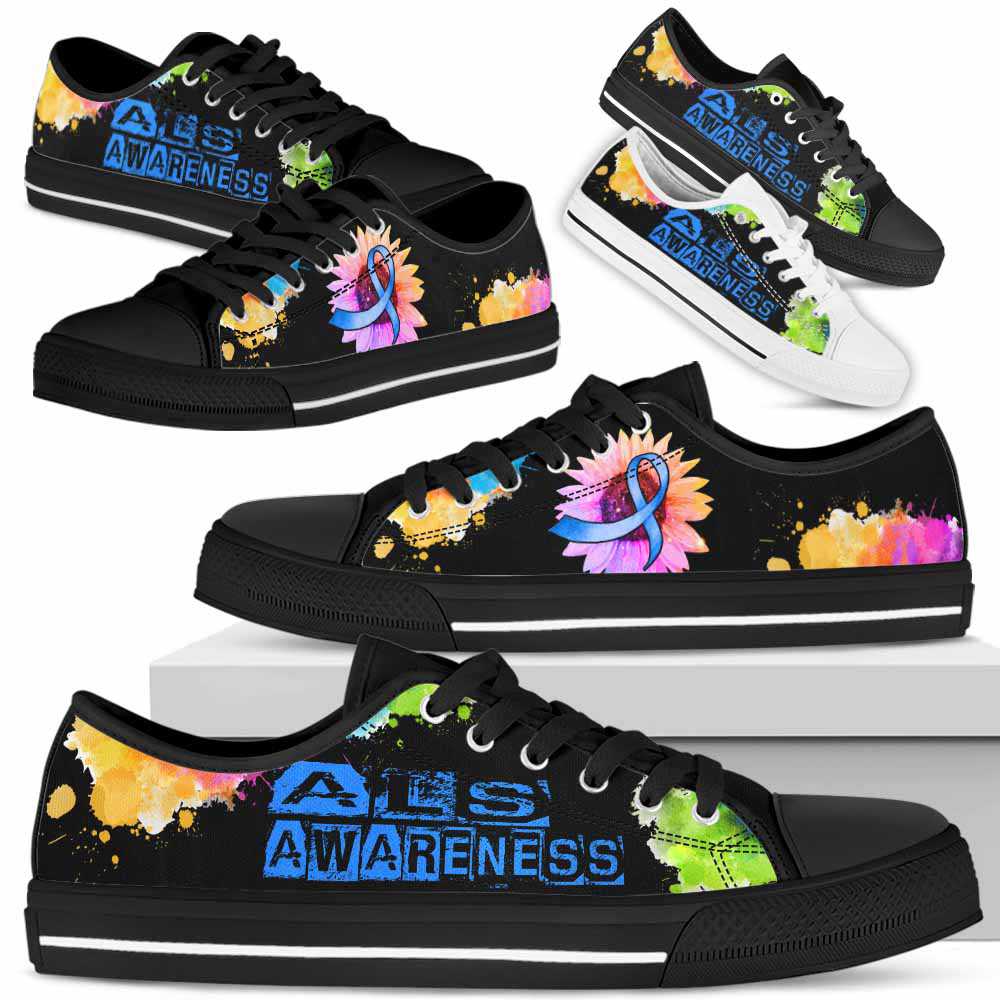 LTS-U-Awareness-WatercolorSunflowerRibbon-ALS-1@ Watercolor Sunflower Ribbon ALS 1-Als Amyotrophic Lateral Sclerosis Awareness Ribbon Low Top Shoes Watercolor Sunflower. Survivor Gift.