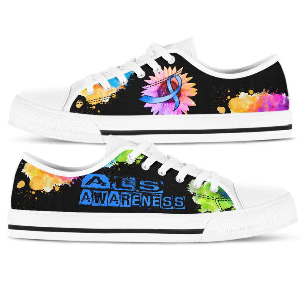 LTS-U-Awareness-WatercolorSunflowerRibbon-ALS-1@ Watercolor Sunflower Ribbon ALS 1-Als Amyotrophic Lateral Sclerosis Awareness Ribbon Low Top Shoes Watercolor Sunflower. Survivor Gift.