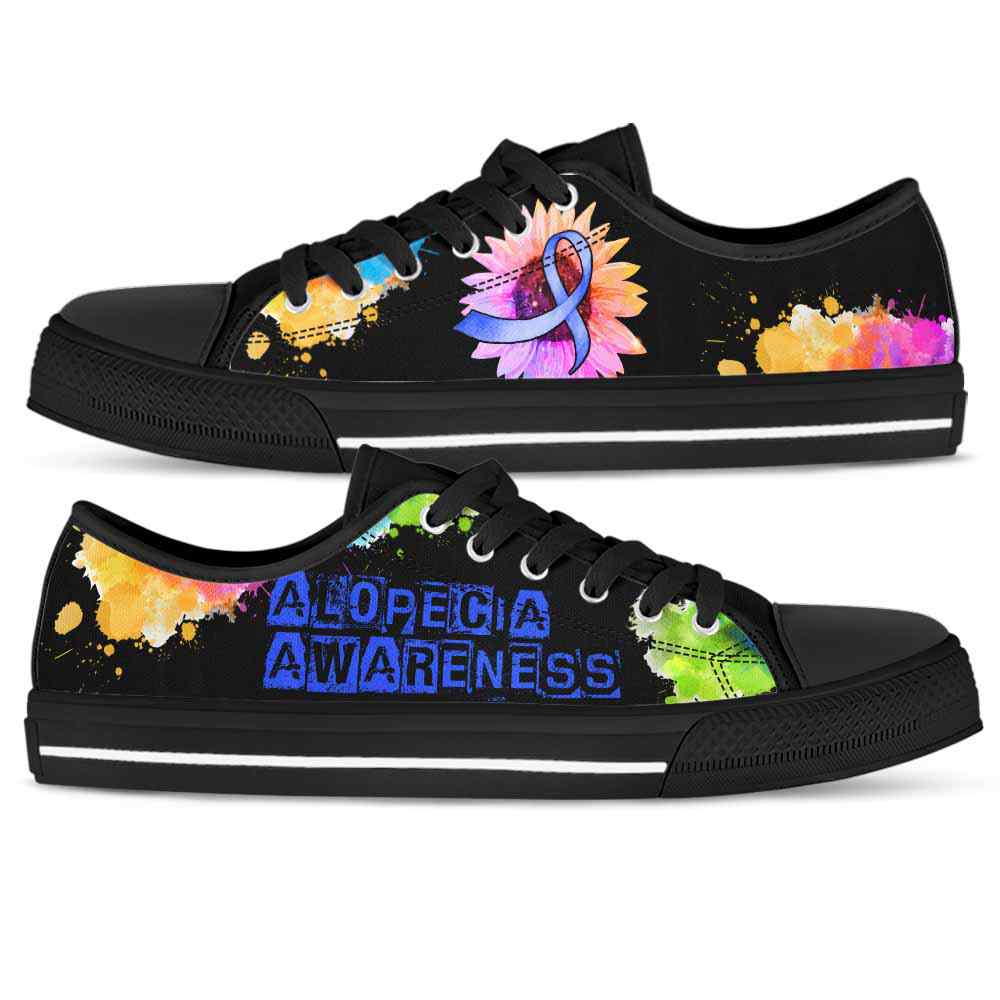 LTS-U-Awareness-WatercolorSunflowerRibbon-Alopecia-0@ Watercolor Sunflower Ribbon Alopecia 0-Alopecia Awareness Ribbon Low Top Shoes Watercolor Sunflower. Fighter Survivor Gift.