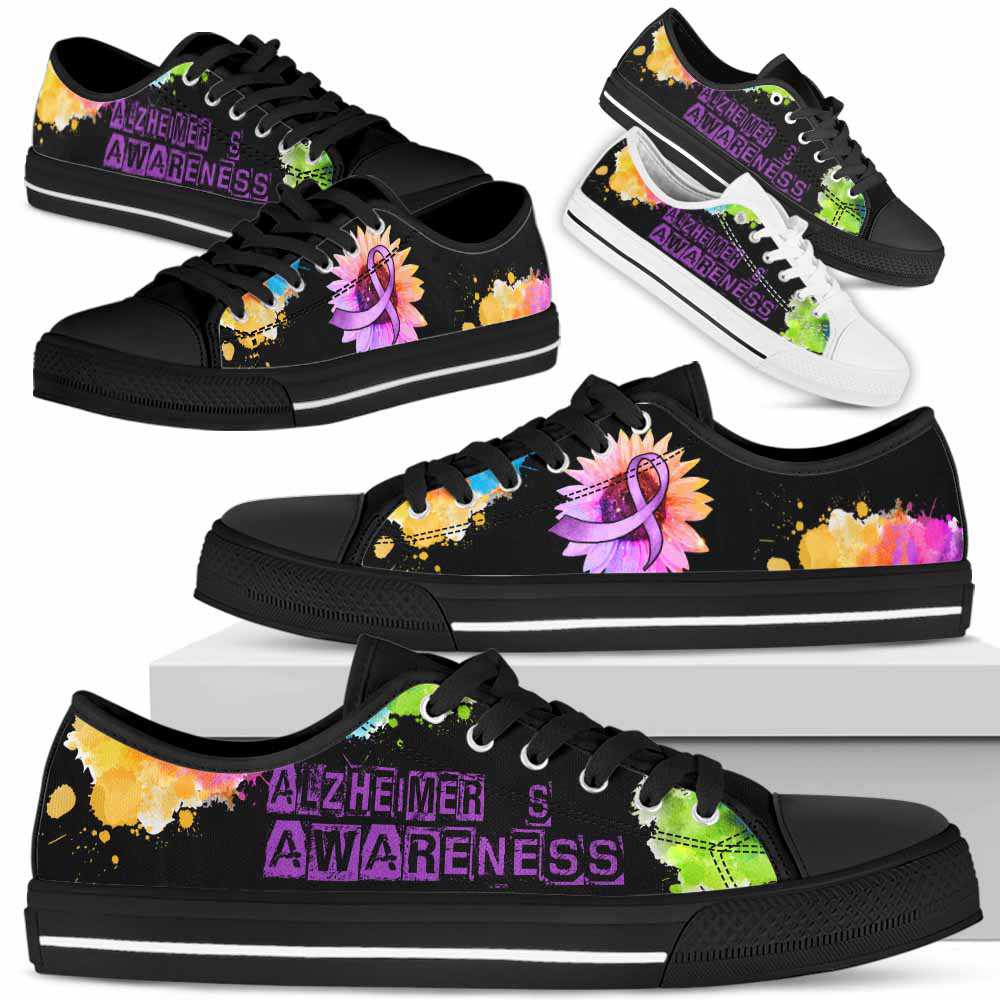 LTS-U-Awareness-WatercolorSunflowerRibbon-Alzheimer's-2@ Watercolor Sunflower Ribbon Alzheimer's 2-Alzheimer'S Awareness Ribbon Low Top Shoes Watercolor Sunflower. Fighter Survivor Gift.