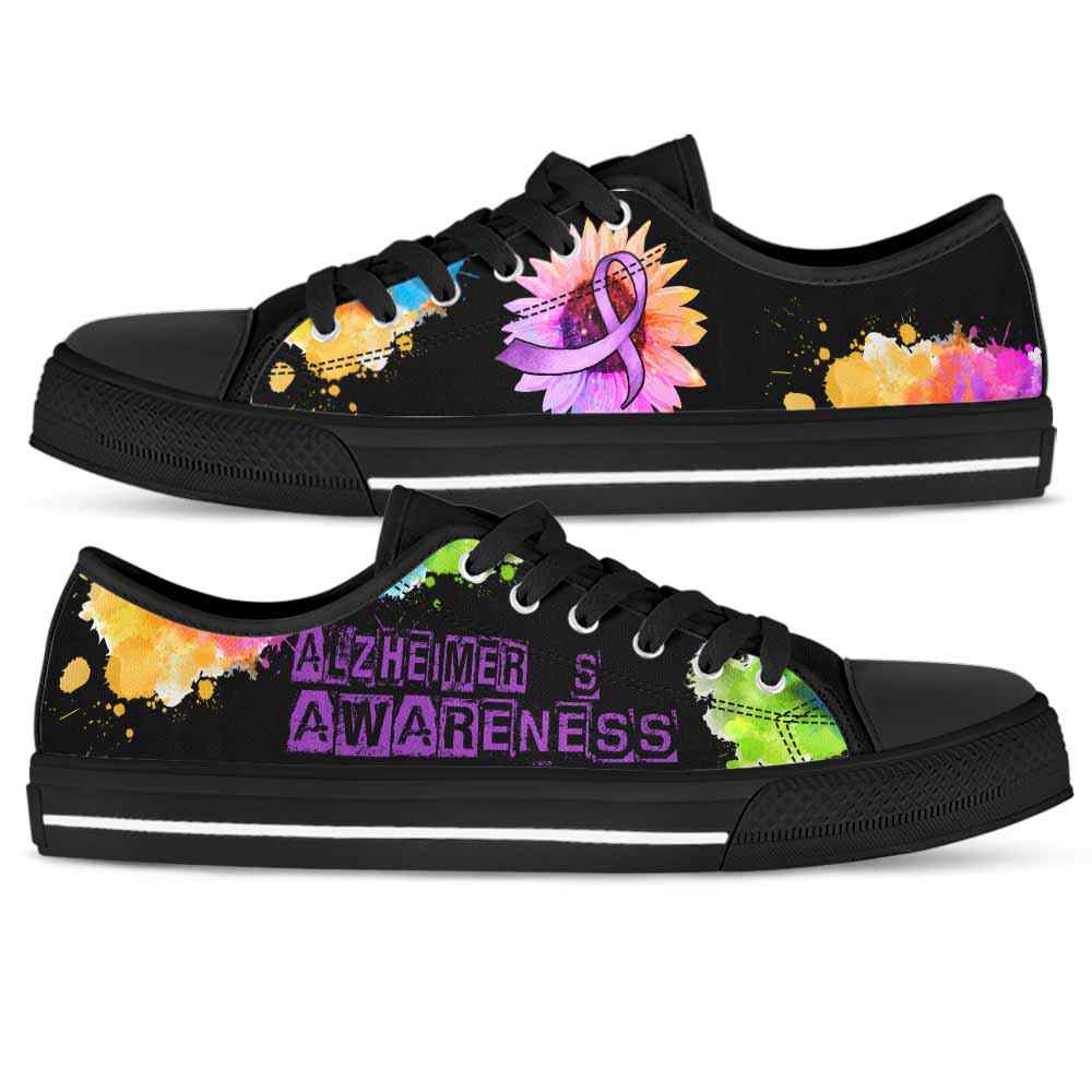 LTS-U-Awareness-WatercolorSunflowerRibbon-Alzheimer's-2@ Watercolor Sunflower Ribbon Alzheimer's 2-Alzheimer'S Awareness Ribbon Low Top Shoes Watercolor Sunflower. Fighter Survivor Gift.