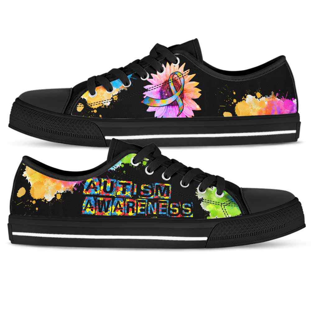 LTS-U-Awareness-WatercolorSunflowerRibbon-Autism-5@ Watercolor Sunflower Ribbon Autism 5-Autism Awareness Ribbon Low Top Shoes Watercolor Sunflower. Fighter Survivor Gift.