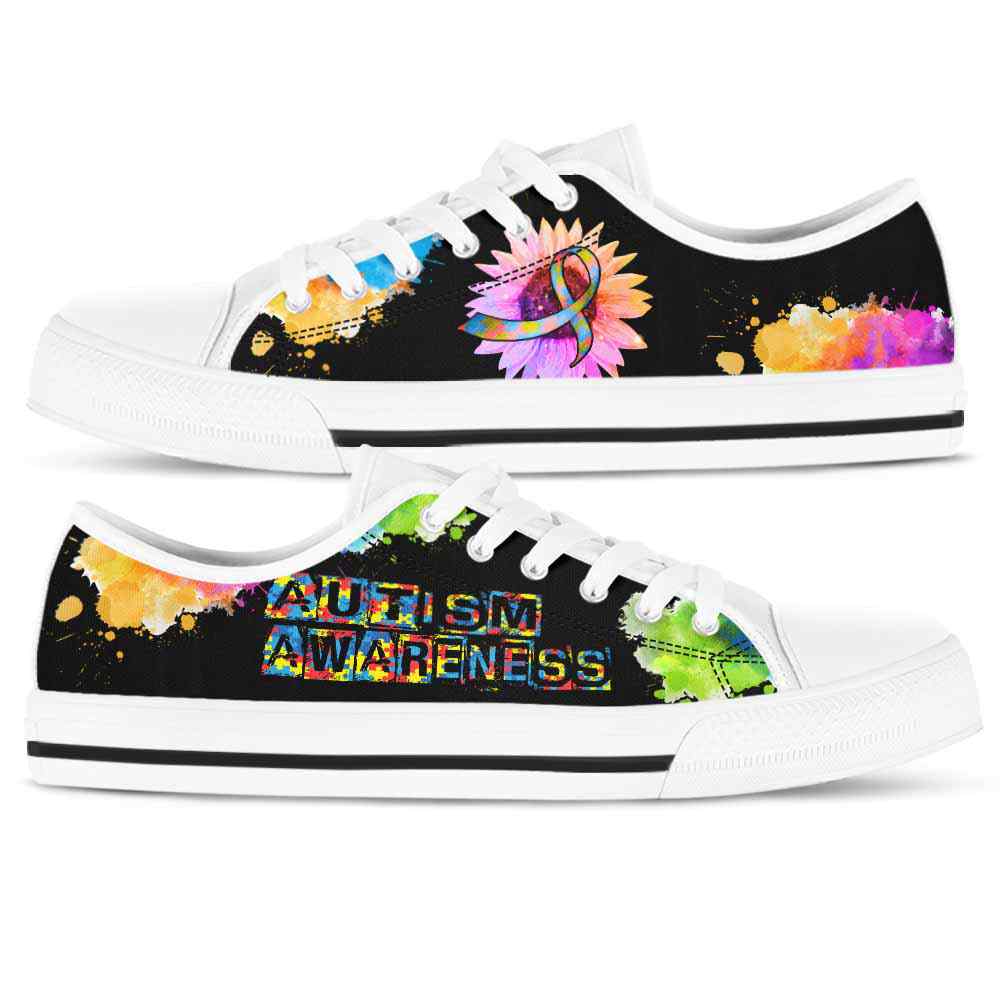 LTS-U-Awareness-WatercolorSunflowerRibbon-Autism-5@ Watercolor Sunflower Ribbon Autism 5-Autism Awareness Ribbon Low Top Shoes Watercolor Sunflower. Fighter Survivor Gift.